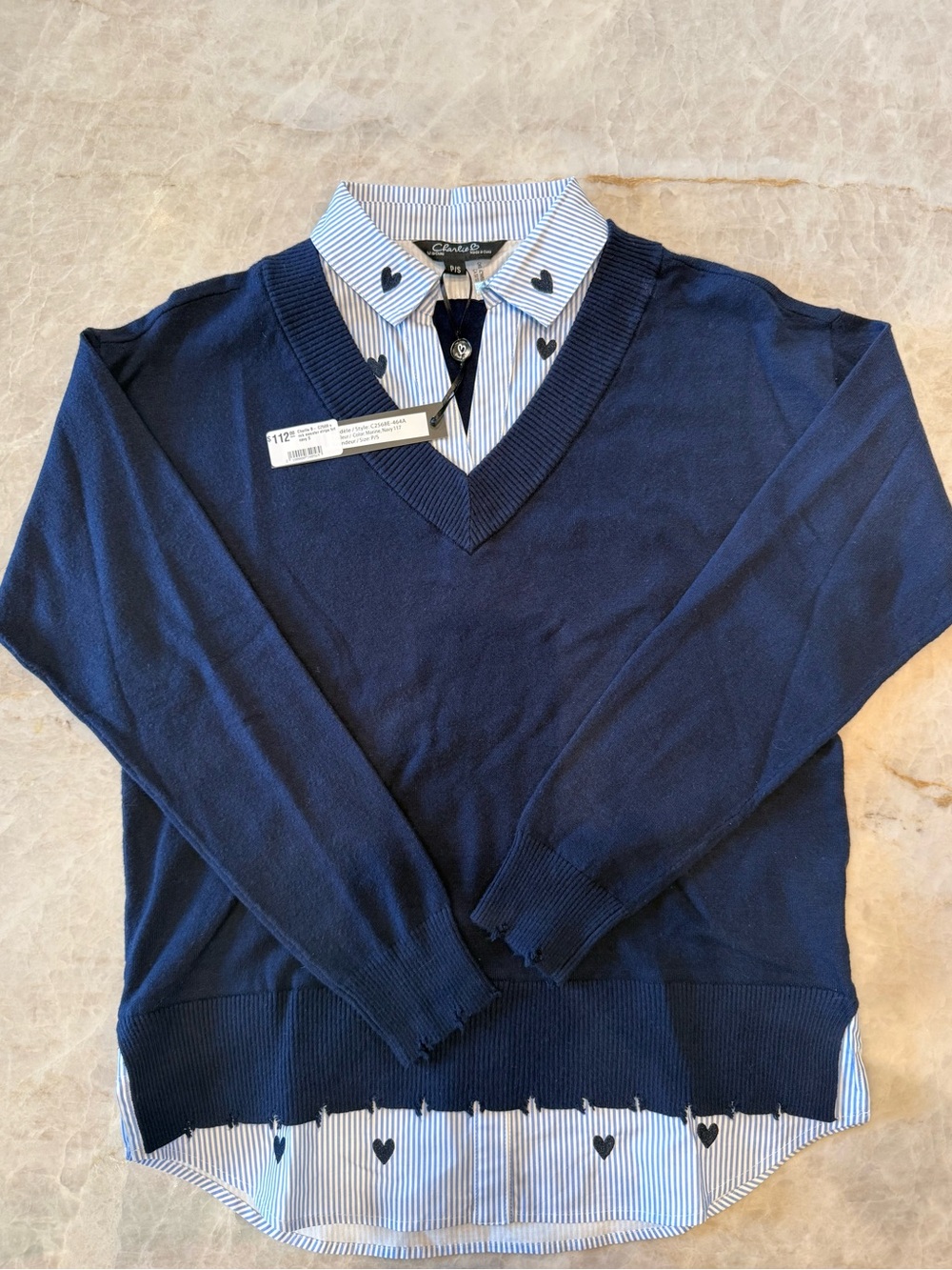 CHARLIE B Navy V-Neck Sweater with Attached Striped Shirt Detail